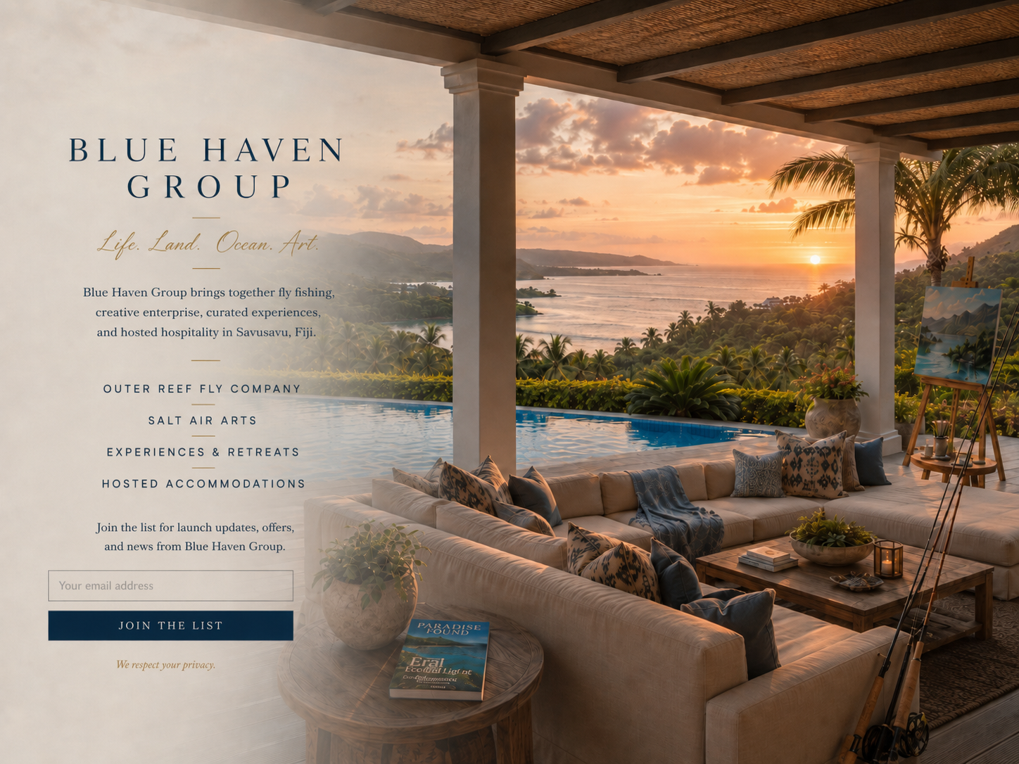 Blue Haven Group coming-soon page showing a covered veranda, pool, ocean sunset view, painting easel, and lounge seating.